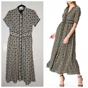 eShakti Lace trim tile print georgette maxi shirtdress size 8 medium